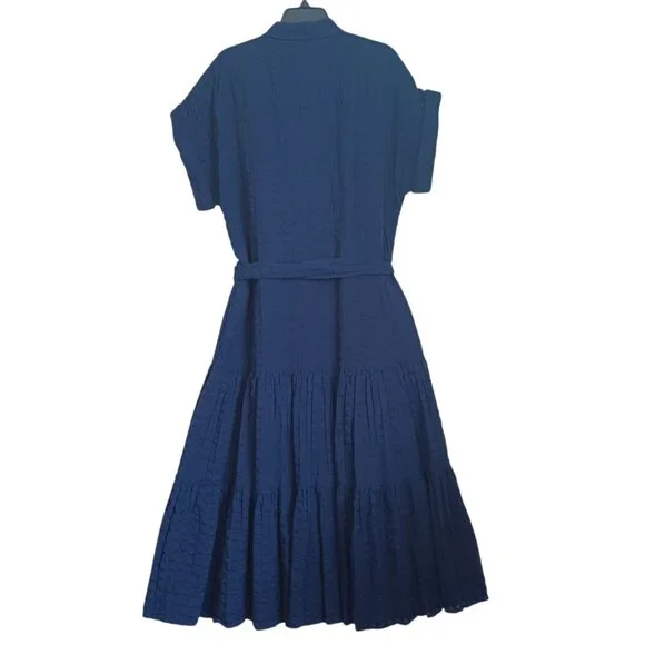 Ralph Lauren Dress Black Label Navy Blue Cotton Tiered Seersucker Womens 8 - Picture 7 of 10